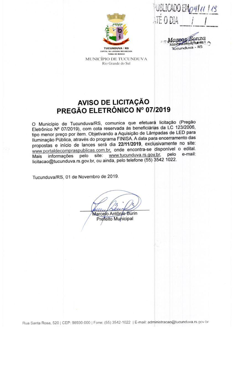 AVISO DE PE 07_2019 AQUISIÇÃO DE LÂMPADAS DE LED